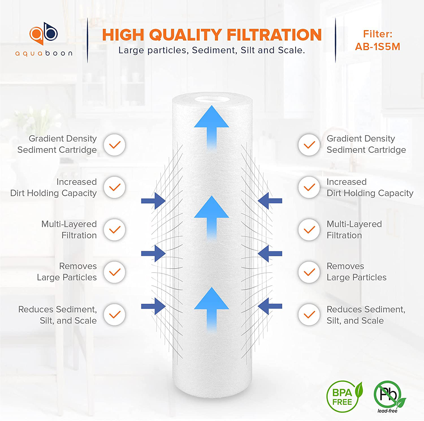 Aquaboon 6-Pack of 5 Micron 10" Sediment Water Filter Replacement Cartridge for Any Standard RO Unit | Whole House Sediment Filtration | Compatible with DuPont WFPFC5002, Pentek DGD series, RFC