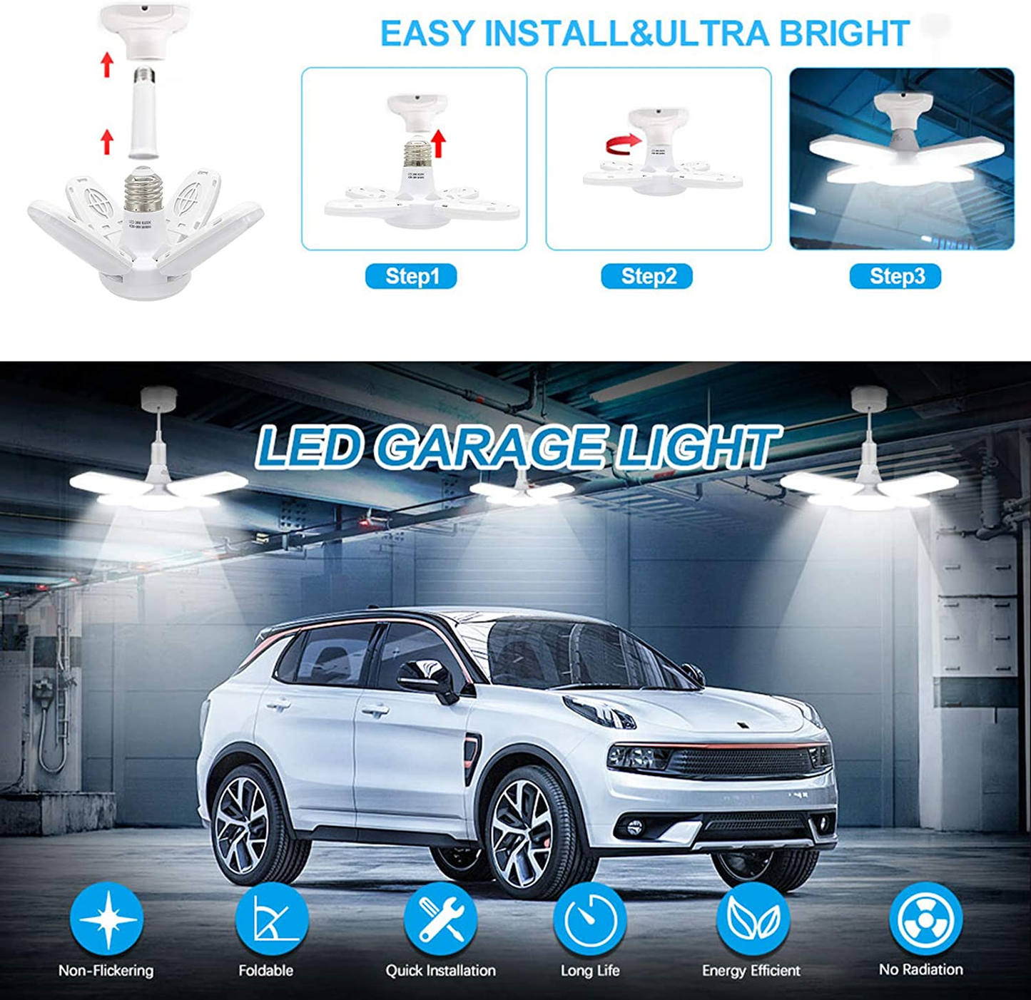 Goolrc 4-Pack Garage Lights Dimmable LED Garage Lights Ceiling, 38W 6000LM 6500K LED Garage Ceiling Lights with 4 Adjustable Panels for Garages, Workshop,Indoor, Outdoor, and Warehouse(E27/B22 LED)