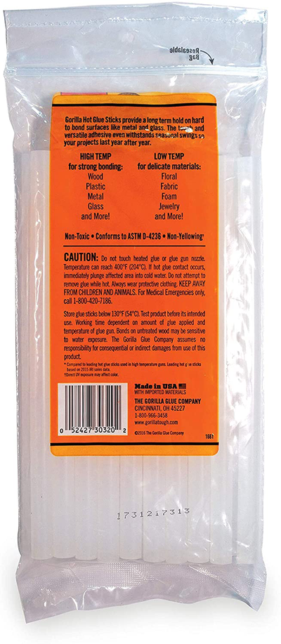 Gorilla Hot Glue Sticks, Full Size, 8" Long x .43" Diameter, 20 Count, Clear, (Pack of 1)