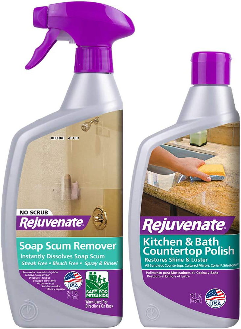 Rejuvenate Scrub Free Soap Scum Remover Shower Glass Door Cleaner Works on Ceramic Tile, Chrome, Plastic and More 24oz & Cabinet & Furniture Restorer Fills in Scratches Seals