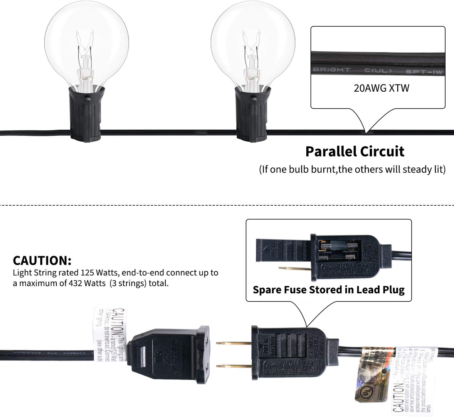 Outdoor String Lights G40 Globe Patio Lights with 27 Edison Glass Bulbs(2 Spare), Waterproof Connectable Hanging Light for Backyard Porch Balcony Party Decor, E12 Socket Base