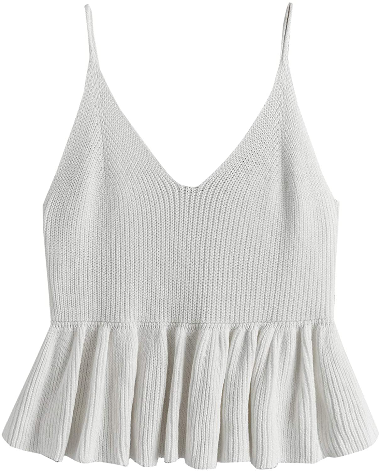 SweatyRocks Women's Casual Knit Top Sleeveless Ruffle Hem V Neck Peplum Crop Tank Top