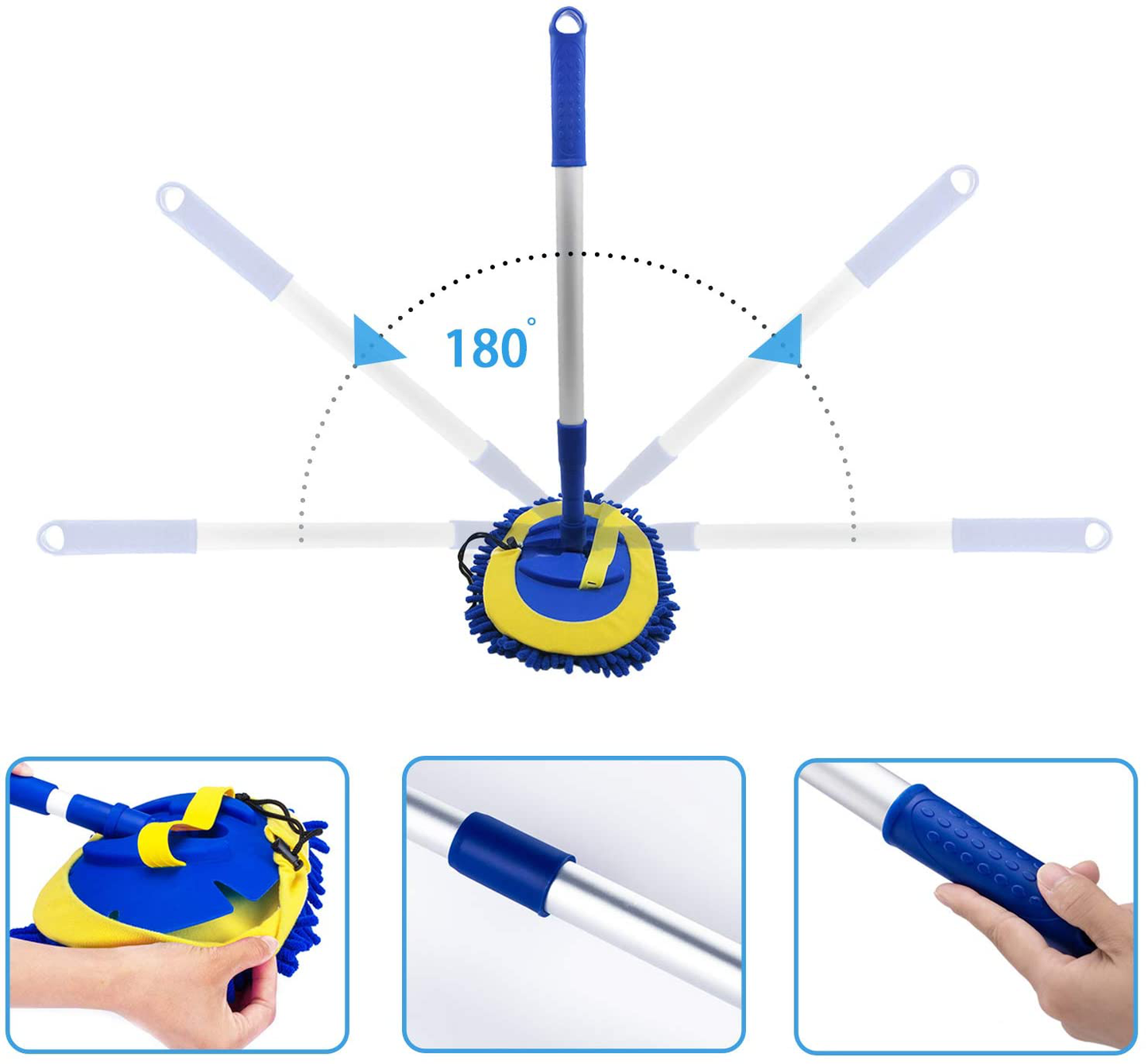 2 in 1 Microfiber Car Wash Mop Mitt with 45" Aluminum Alloy Long Handle,Chenille Car Cleaning Kit Brush Duster with Scratch Free for Washing Car/Truck/RV,2 Mop Head and 1 Towels and Air Vent Duster