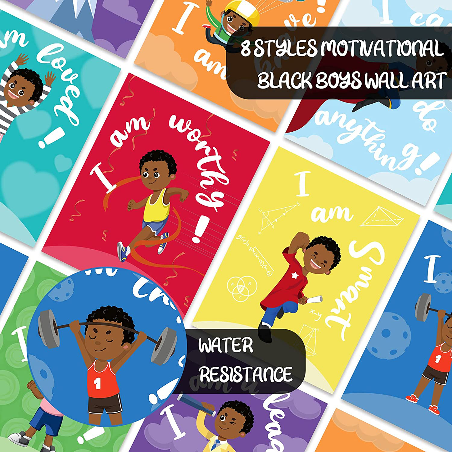 Outus 8 Pieces Children Room Posters Motivational Black Boy Wall Posters Inspirational Wall Prints Kids Room Decor for Kids Children Room Wall Decoration Supplies