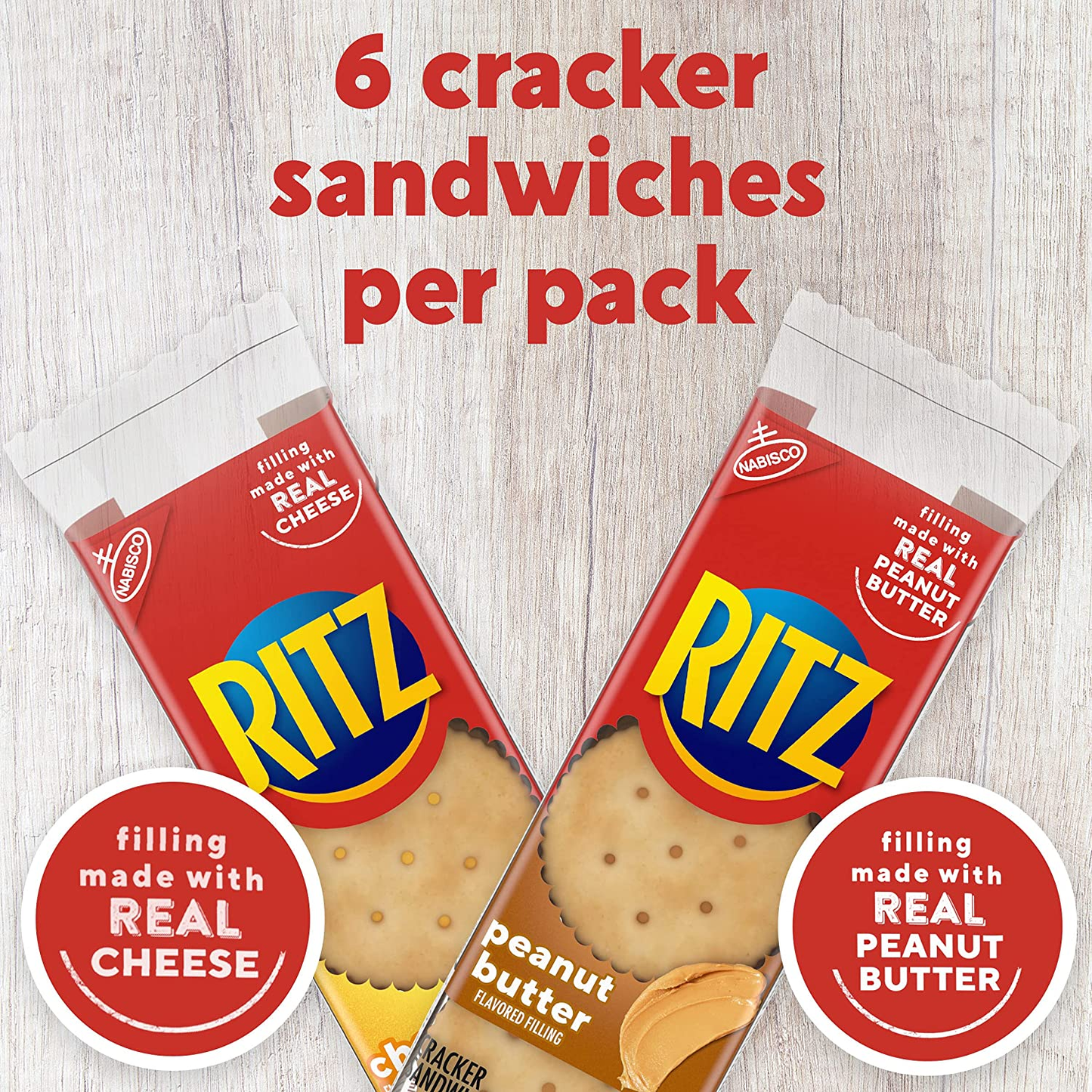 RITZ Peanut Butter Sandwich Cracker Snacks and Cheese Sandwich Crackers, Snack Crackers Variety Pack, 32 Snack Packs