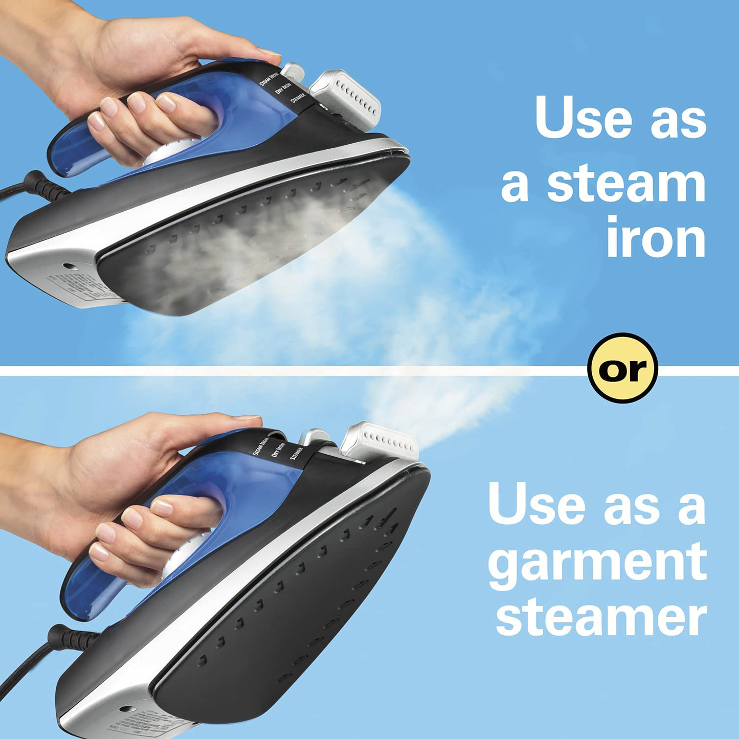 Hamilton Beach Iron 2-in-1 Handheld Iron & Garment Steamer for Clothes with Continuous Steam Nozzle, Nonstick Soleplate, 1200 Watts, Blue/Black