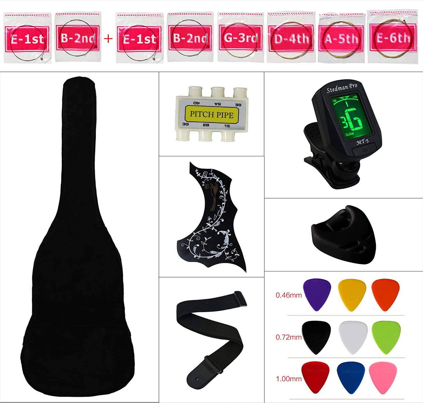 YMC 38" Black Beginner Acoustic Guitar Starter Package Student Guitar with Gig Bag,Strap, 3 thickness 9 picks,2 Pickguards,Pick Holder, Extra Strings, Electronic Tuner -Black