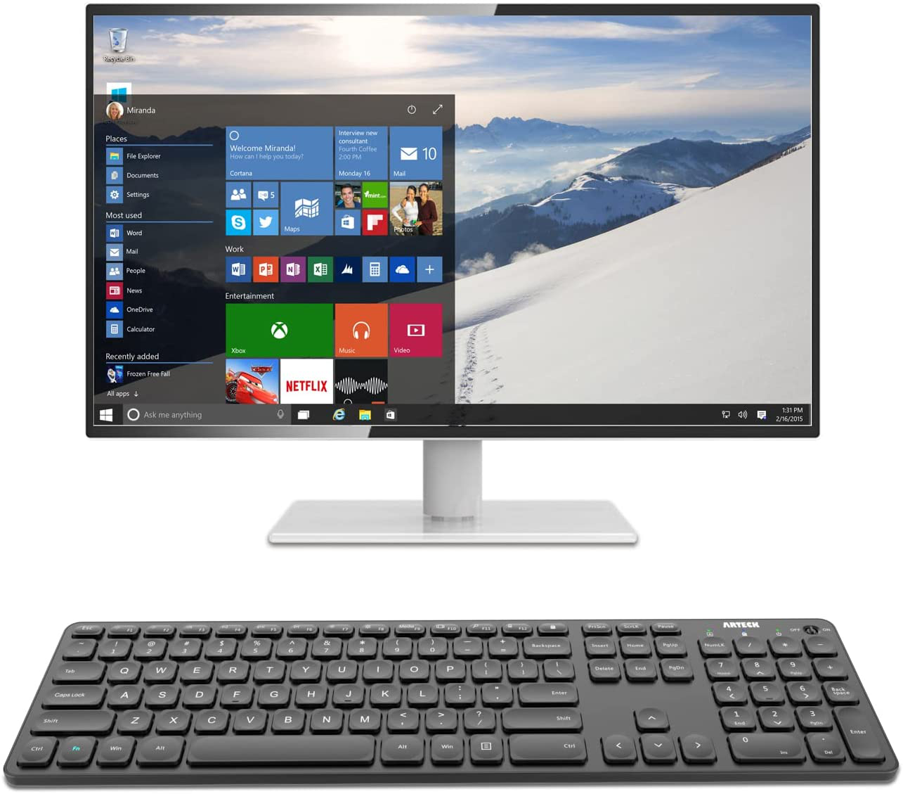 Arteck 2.4G Wireless Keyboard Ultra Slim Full Size Keyboard with Numeric Keypad and Media Hotkey for Computer/Desktop/Pc/Laptop/Surface/Smart TV and Windows 10/8/ 7 Built-In Rechargeable Battery
