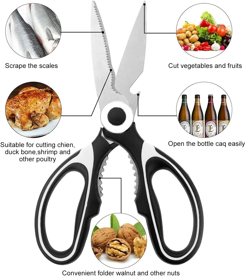 Kitchen Shears Multi Purpose Strong Stainless Steel Kitchen Utility Scissors with Cover Poulry,Fish, Meat, Vegetables Herbs, Bones, Dishwasher Safe (Black)