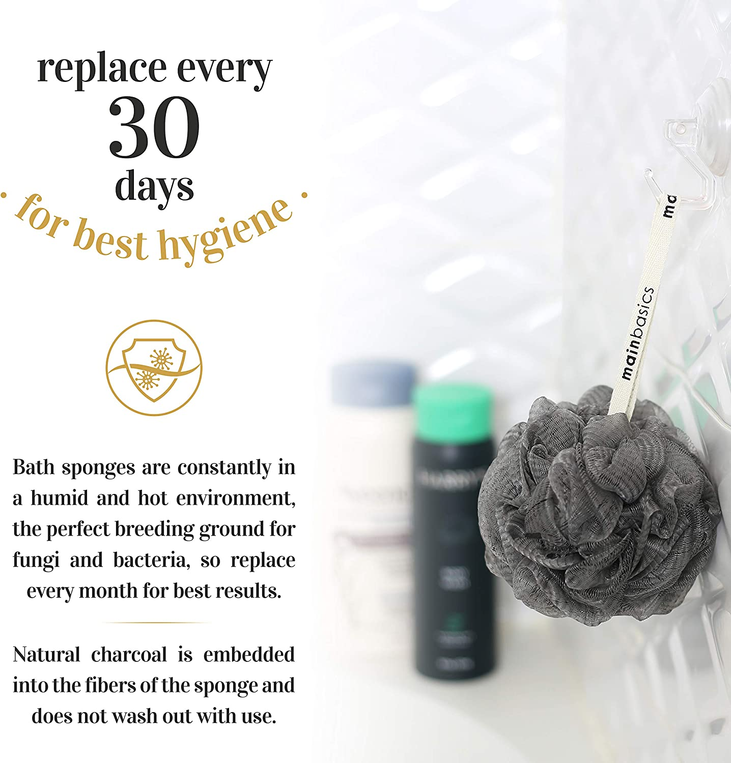Charcoal-Infused Bath Shower Loofah Sponge Pouf Body Scrubber Exfoliator (Set of 3)