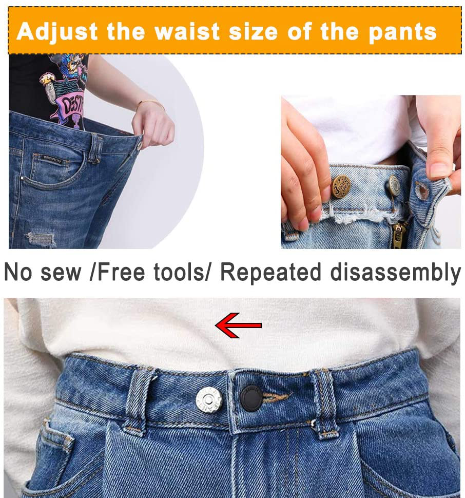 Button pins for Jeans, No Sew and No Tools Instant Jean Button Pins for Pants,4 Sets Replacement Buttons, Simple Installation, Reusable and Adjustable… (Silver)