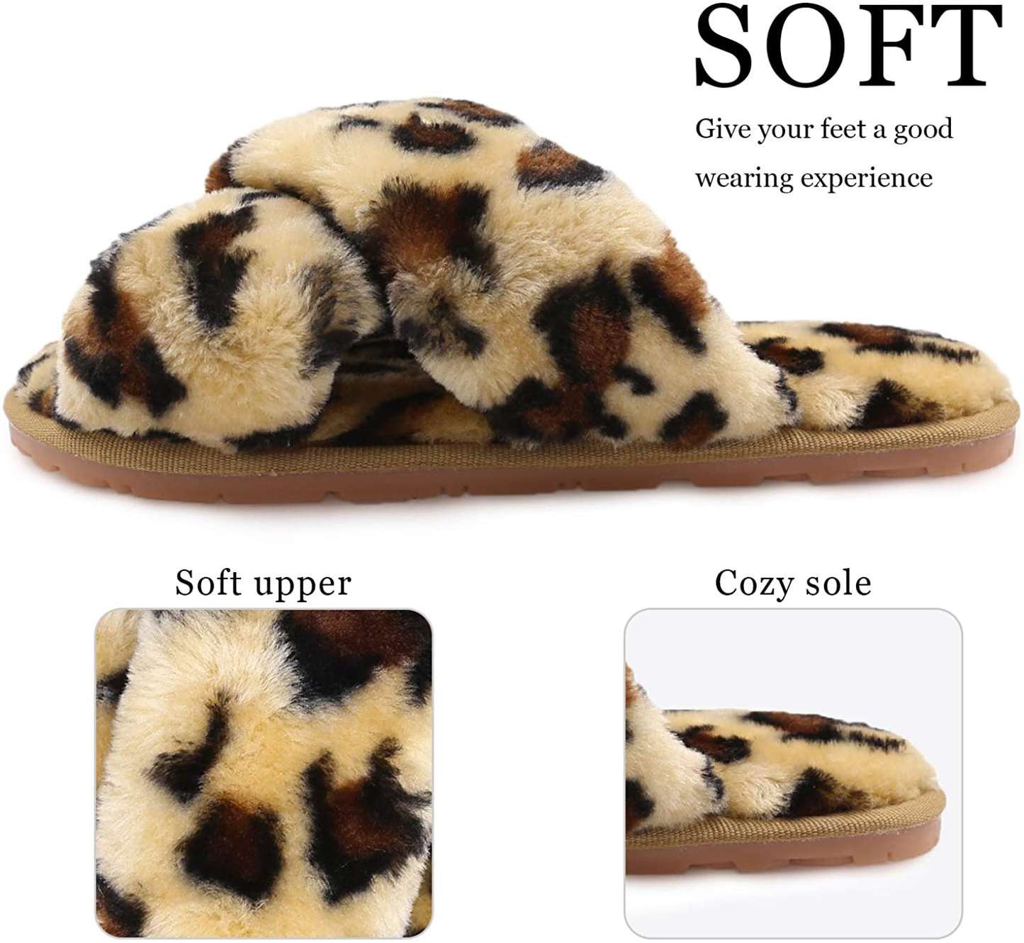 Womens House Fuzzy Slippers Leopard Cross Band Soft Plush Fluffy Slippers Furry Fleece Slip on Slippers Open Toe House Warm Bedroom Shoes Slides