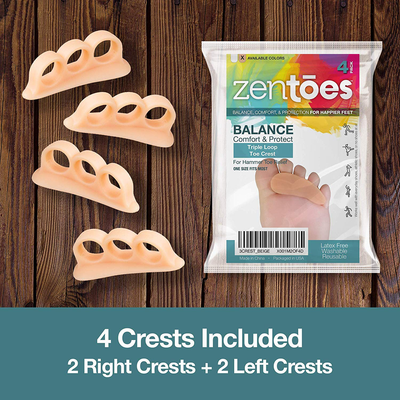 Zentoes Hammer Toe Straightener and Corrector 4 Pack Soft Gel Crests Splints | Reduce Foot Pain, Prevent Overlap | Flexible Footcare Treatment | Stain, Odor Resistant (Beige)