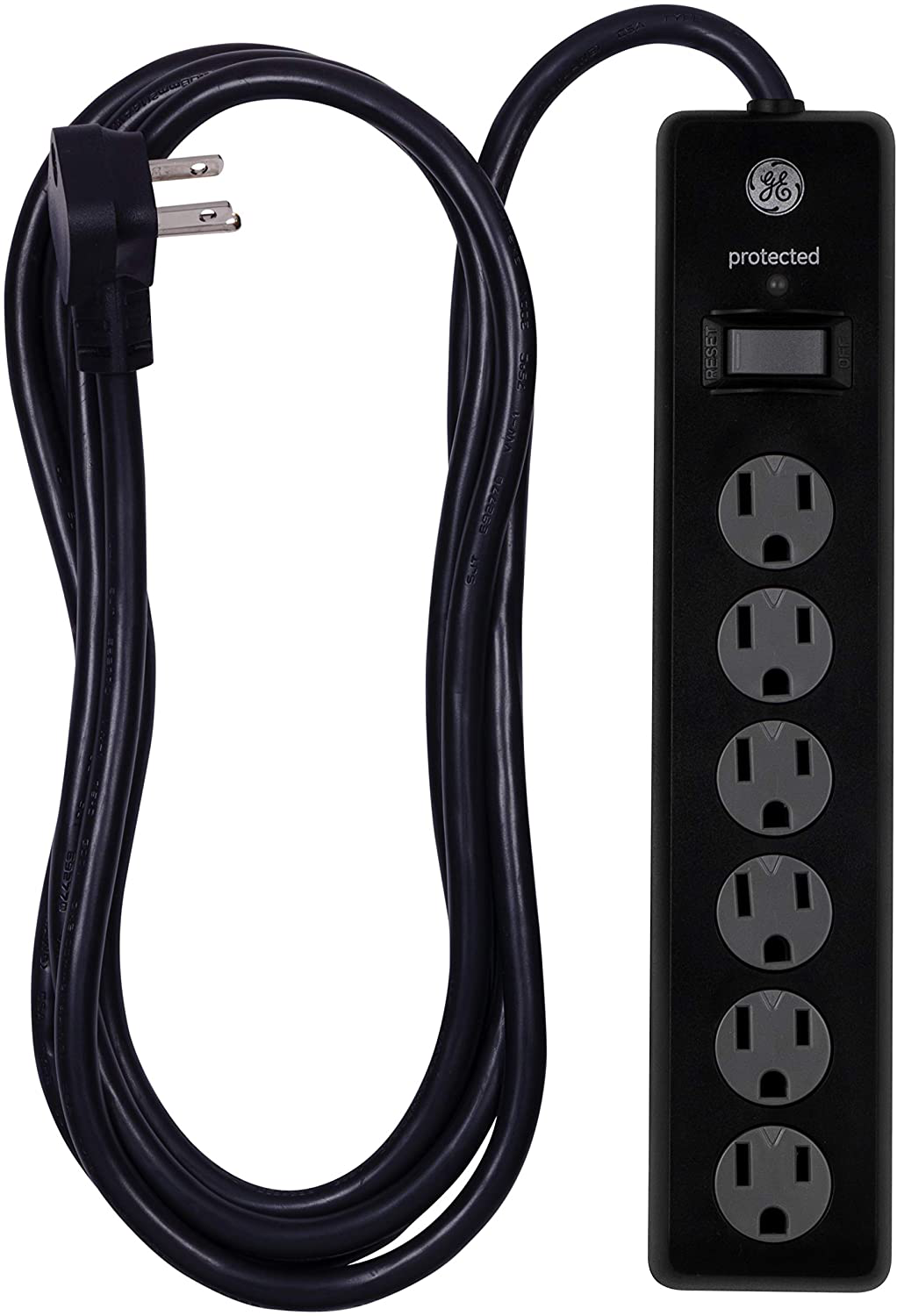 GE 6 Outlet Surge Protector, 10 Ft Extension Cord, Power Strip, 800 Joules, Flat Plug, Twist-to-Close Safety Covers, White, 14092