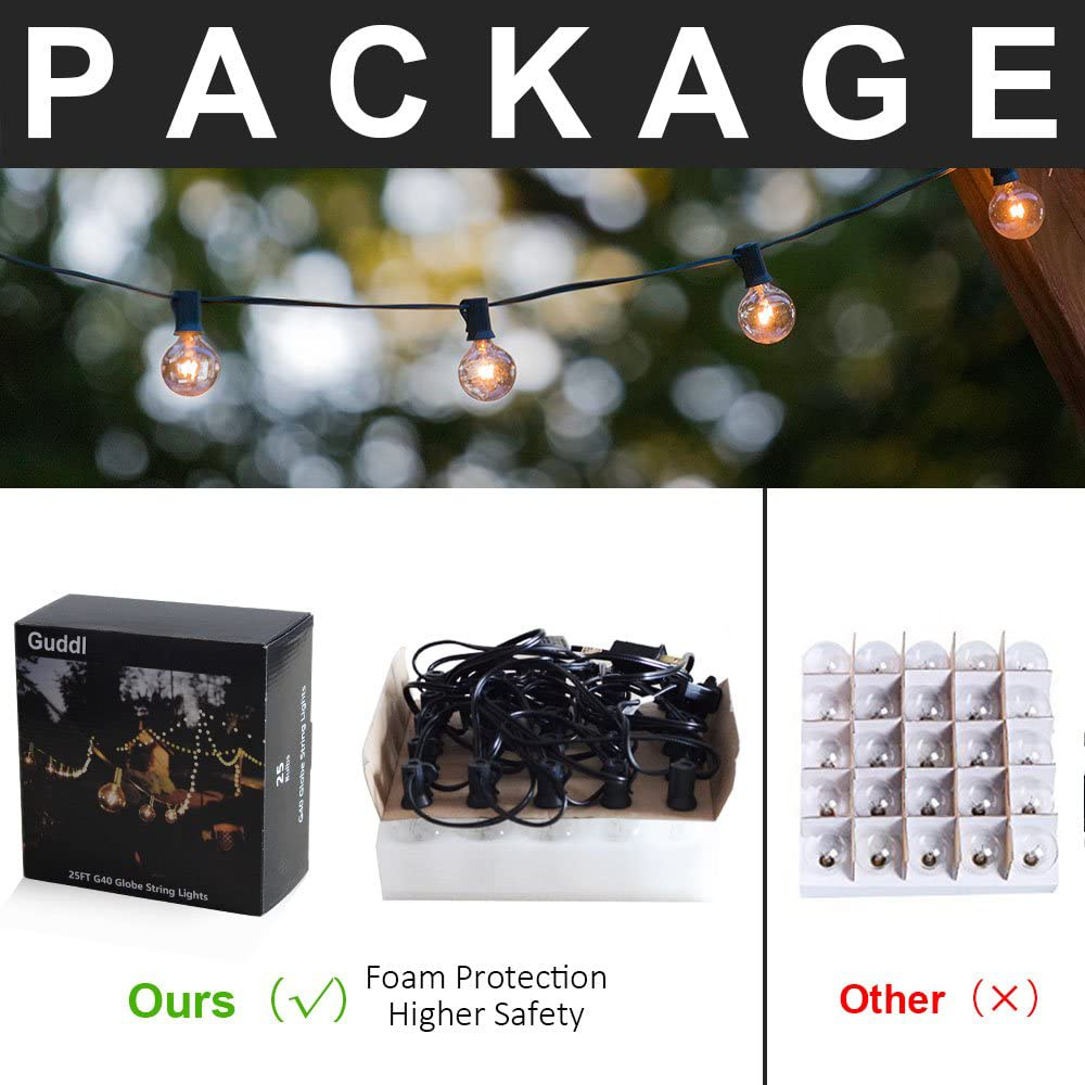 Outdoor String Lights 25ft Patio Lights with 27 G40 Bulbs (2 Spare) Connectable Globe String Lights for Party Tents Patio Gazebo Porch Deck Bistro Backyard Balcony Pergola Outside Decor…