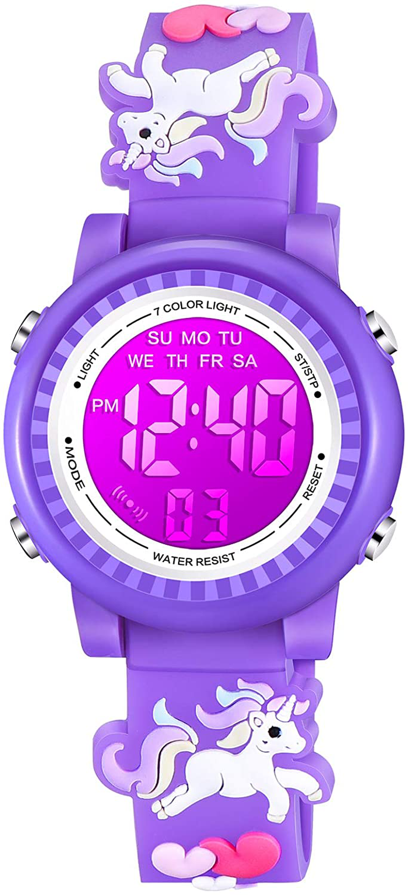 Venhoo Kids Watches 3D Cartoon Waterproof 7 Color Lights Toddler Wrist Digital Watch with Alarm Stopwatch for 3-10 Year Girls Little Child