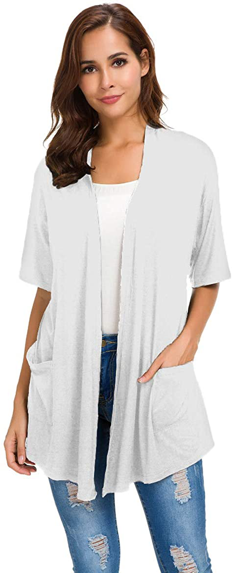 Womens Short Sleeve Open Front Lightweight Casual Comfy Long Line Drape Hem Soft Modal Cardigans Sweater with Two Pockets