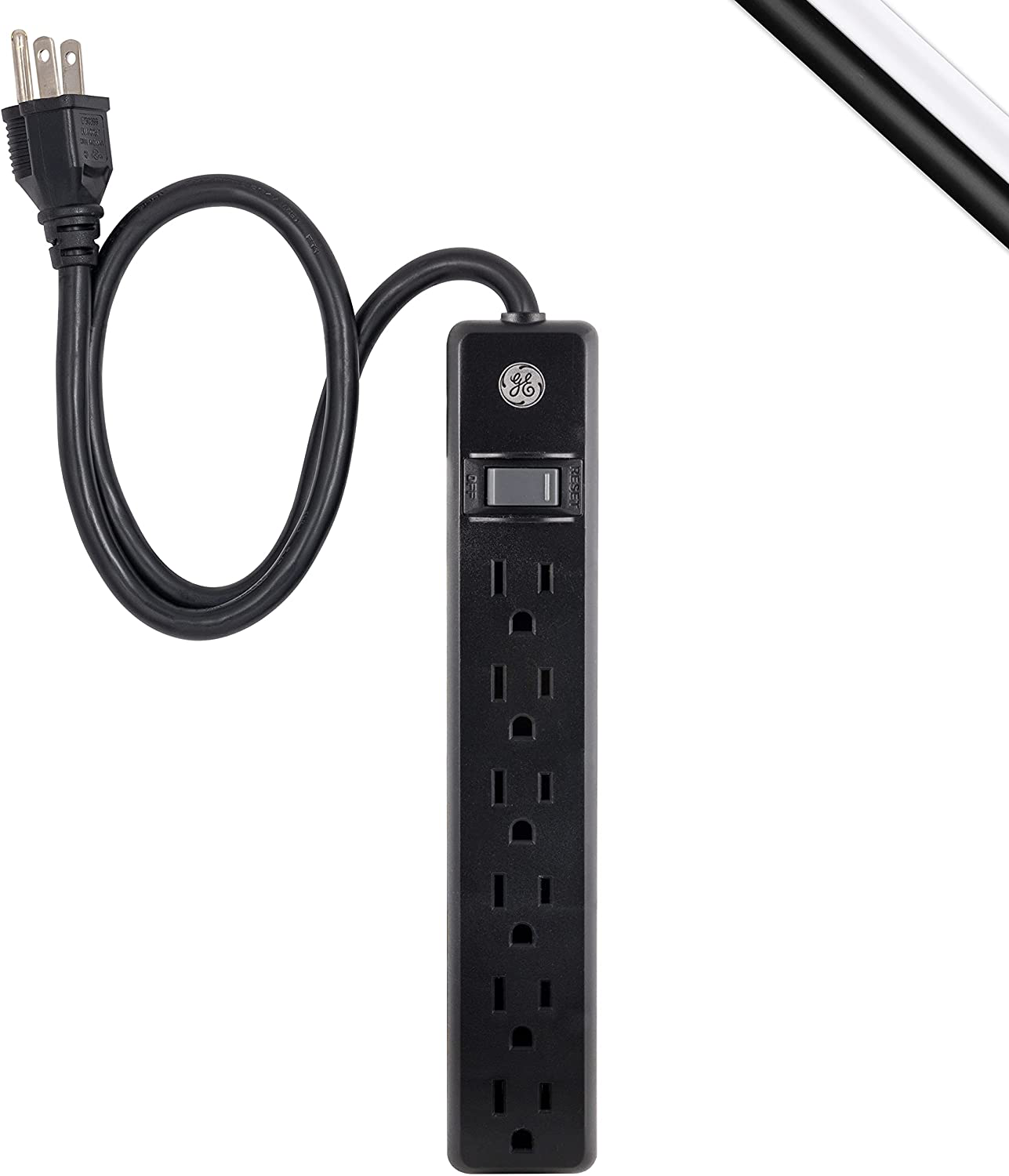 GE, White, 6 Outlet 2 Pack, 2 Ft Cord, Switched Power Strip, Integrated Circuit Breaker, Overload Protection, Wall Mountable, 3 Prong, UL Listed, 14833, Count