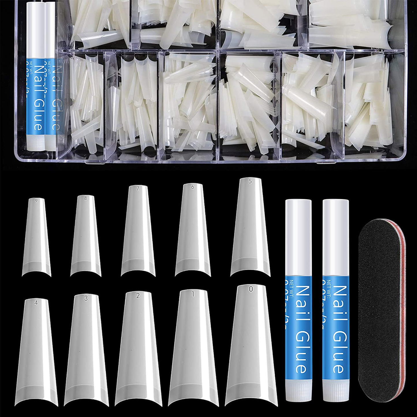 Coffin Nails Long Fake Nails - Clear Acrylic Nails Coffin Shaped Ballerina Nails Tips 500Pcs Full Cover False Nail with 4Pcs Nail Glues and 1Pcs Nail File, 10 Sizes