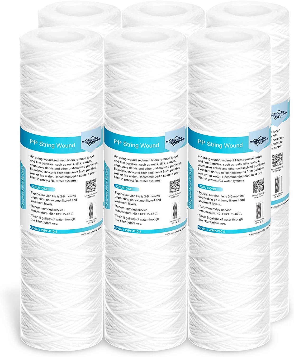 Membrane Solutions 50 Micron String Wound Water Filter Universal Whole House Replacement Cartridge Sediment Filters for Well Water 10"x2.5" - 6 Pack