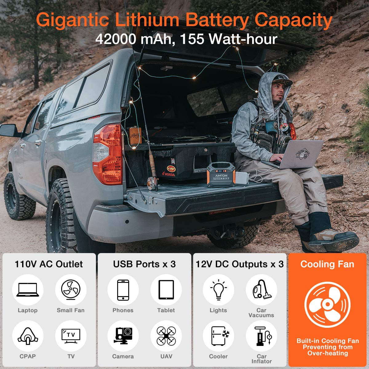AIMTOM 42000mAh 155Wh Power Station, Emergency Backup Power Supply with Flashlights (Solar Panel Optional), for Camping, Home, CPAP, Travel, Outdoor (110V/ 100W AC Outlet, 3X 12V DC, 3X USB Output)