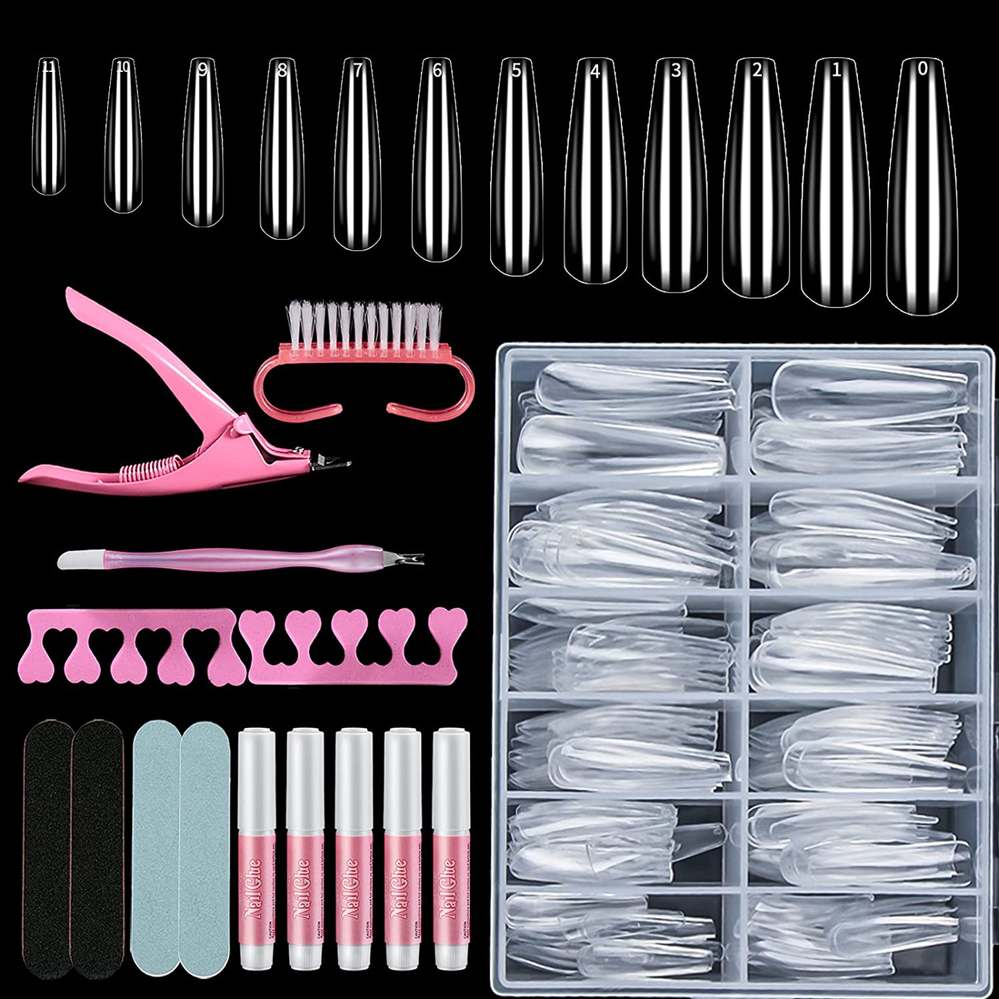 Auseibeely 240PCS Extra Long Full Cover Clear Coffin Nails, XXL Ballerina False Nail Tips Acrylic Nail Tips Kit with Nail Glue/Clipper/File Nail Tools for Nail Art Salons Home DIY, 10 Sizes
