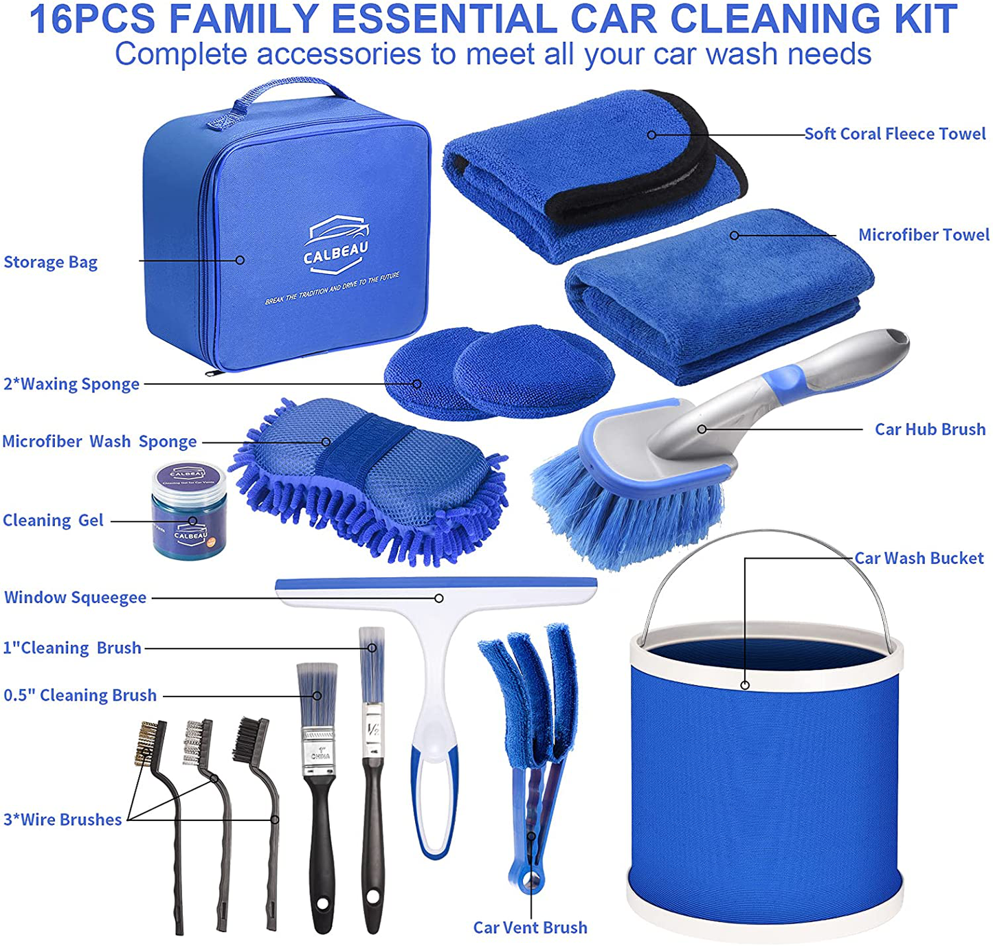 CALBEAU 16-PCS Car Cleaning Kit Interior Exterior Detailing Tools Set with Collapsible Bucket, Wash Sponge, Clean Towels, Wax Pads, Tire Brushes, Also for Other Vehicles Washing & Household Use