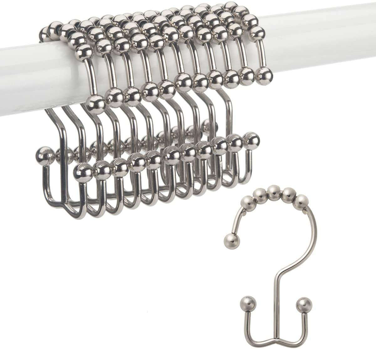 Titanker Shower Curtain Hooks Rings, Rust-Resistant Metal Double Glide Shower Hooks for Bathroom Shower Rods Curtains, Set of 12 Hooks