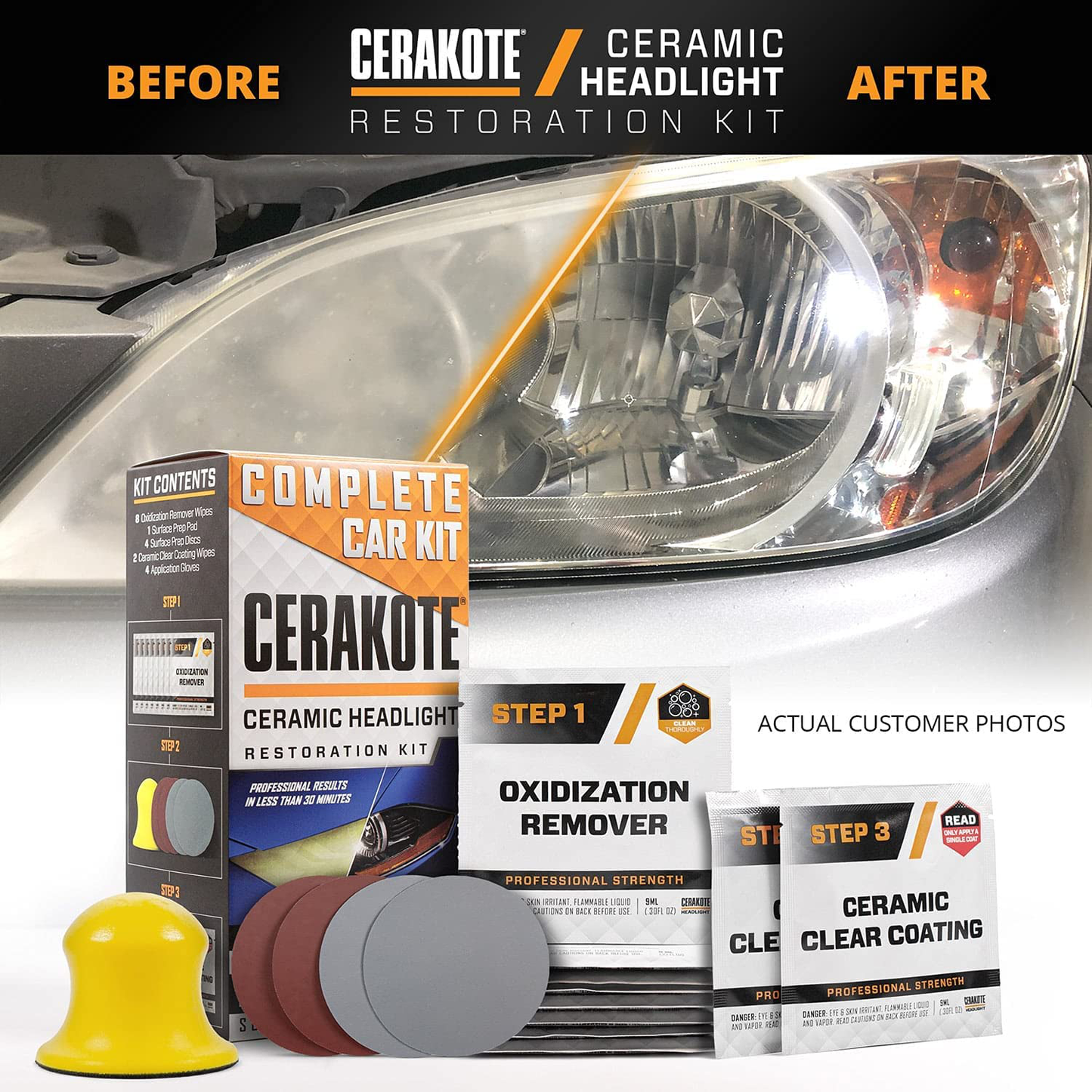 CERAKOTE Ceramic Headlight Restoration Kit – Guaranteed To Last As Long As You Own Your Vehicle – Brings Headlights back to Like New Condition - 3 Easy Steps - No Power Tools Required