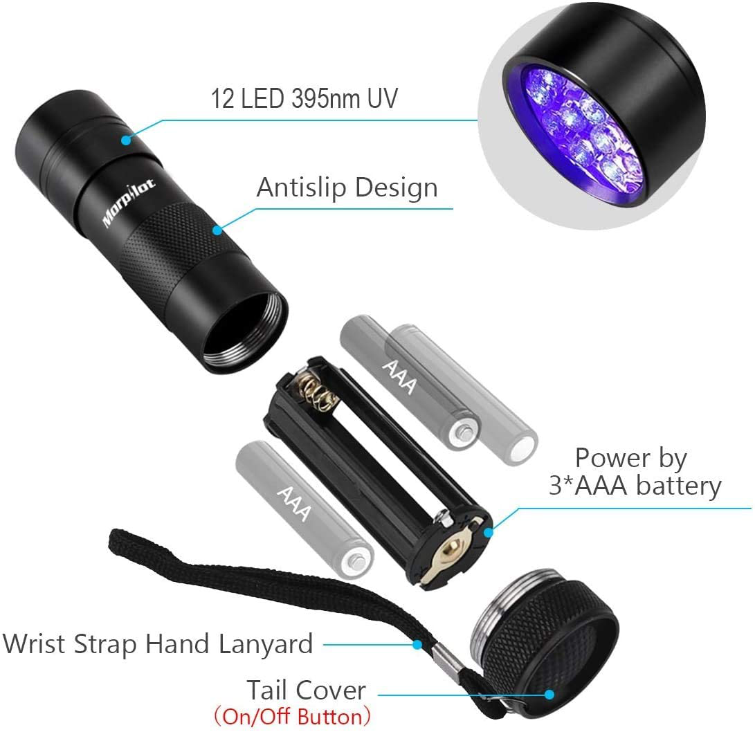 Morpilot Black Light, 2 Pcs UV Handheld Blacklight Flashlights 12 Led 395Nm Mini Light Torch Detector for Pets Urine and Stains