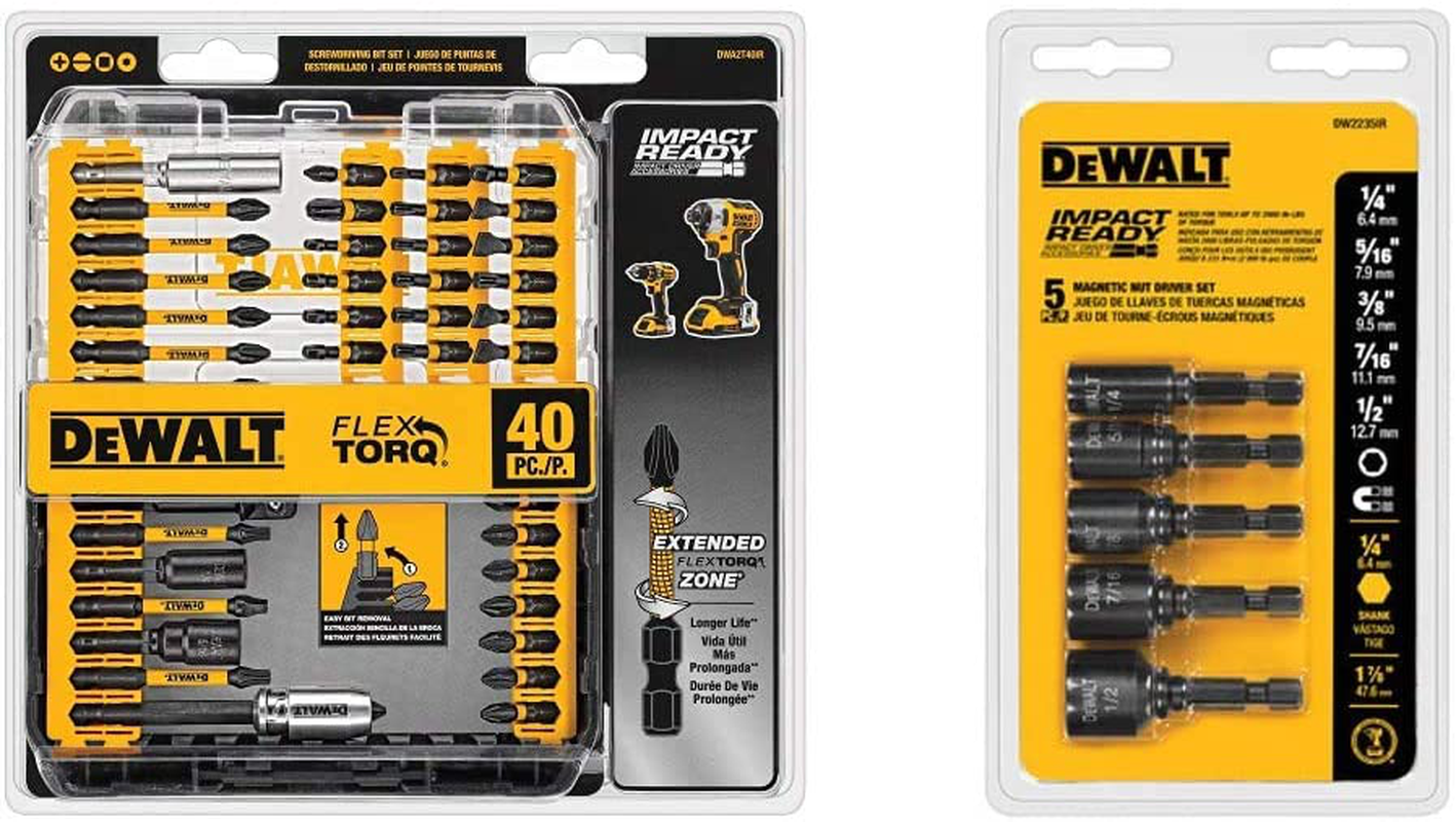 DEWALT Screwdriver Bit Set, Impact Ready, FlexTorq, 40-Piece with Nut Driver Set, Impact Ready, Magnetic, 5-Piece (DWA2T40IR & DW2235IR)
