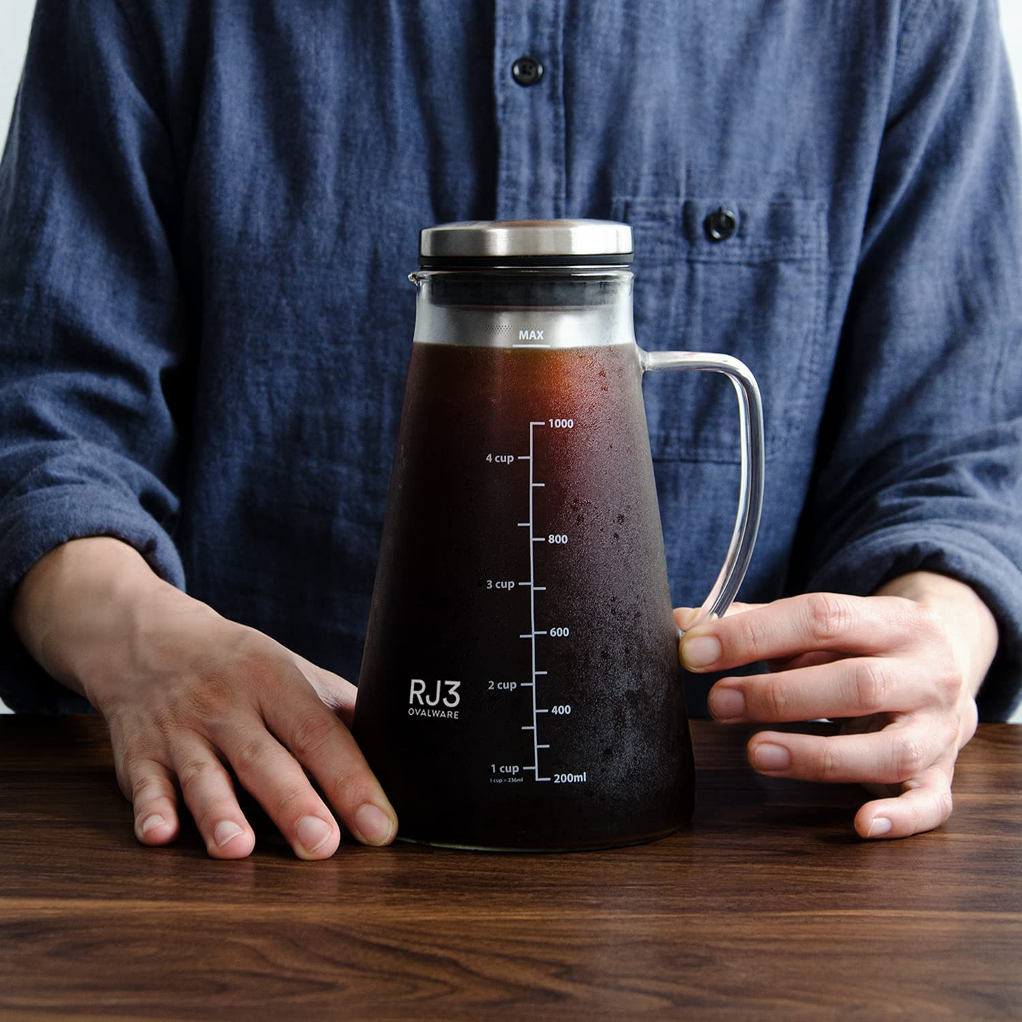 Airtight Cold Brew Iced Coffee Maker (& Iced Tea Maker) with Spout – 1.5L/ 51oz Ovalware RJ3 Brewing Glass Carafe with Removable Stainless Steel Filter