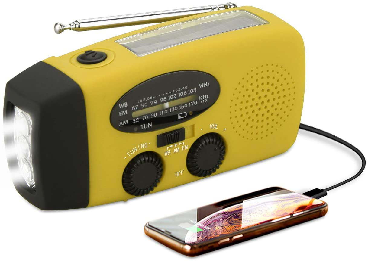 Emergency Solar Hand Crank Radio with Phone Charger Reading Lamp Self Powered Weather Radio with AM/FM, LED Flashlight 1000mAh Power Bank for iPhone/Smart Phone