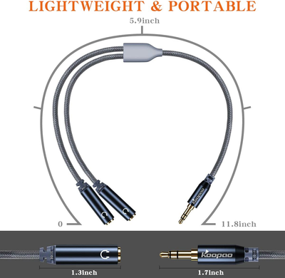 Headphone Splitter, Dual Port 3.5Mm Audio Splitter AUX Cable Nylon-Braided 3.5Mm Male to 2 Female Y Splitter Cable Dual Headphone Jack Splitter for 3.5Mm Standard Headphone Jack