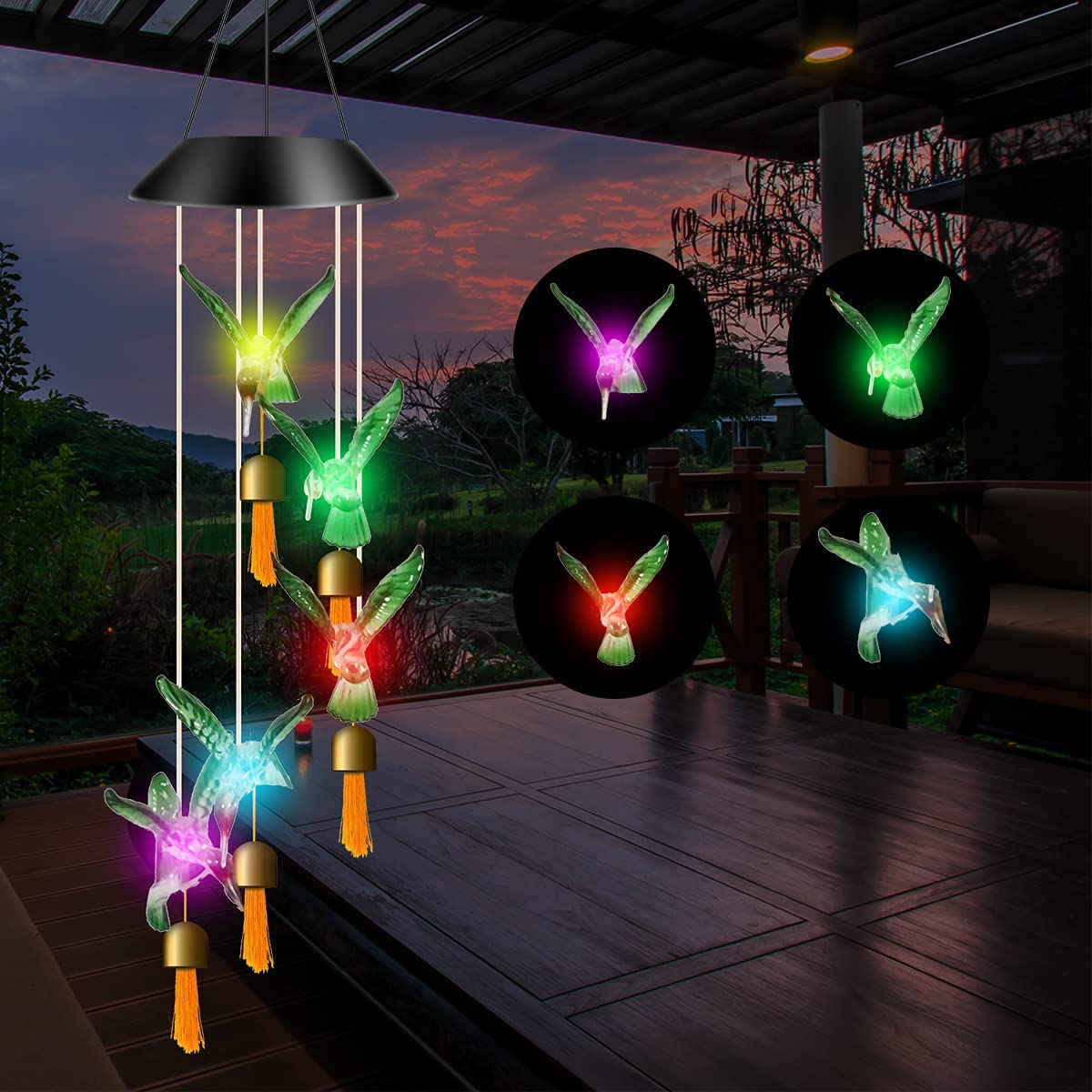 Solar Dragonfly Wind Chimes,Color Changing Waterproof Solar Lights Mobile Outdoor Decor LED with Bell, Perfect for Patio Mom Gifts Outdoor Decor and Garden