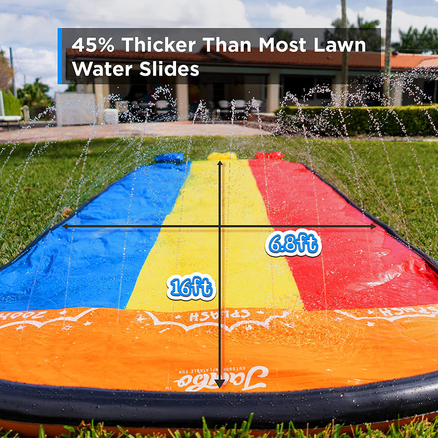 Jambo Triple Lane Slip, Splash and Slide (Newest 2021 Model) for Backyards| Water Slide Waterslide with 3 Boogie Boards | 16' Foot 3 Sliding Racing Lanes with Sprinklers | Durable PVC Construction