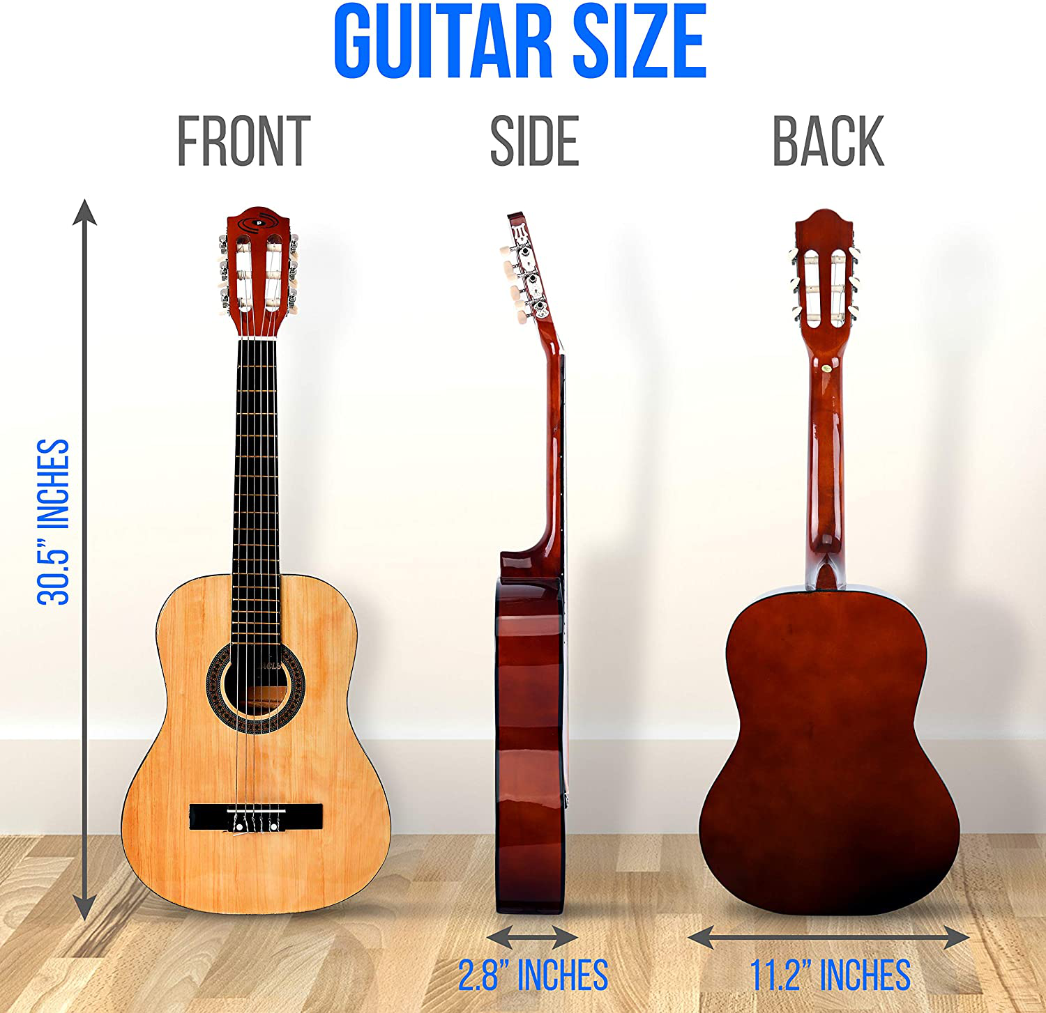 Beginner 30” Classical Acoustic Guitar - 1/4 Junior Size 6 String Linden Wood Guitar W/ Gig Bag, Tuner, Nylon Strings, Picks, Strap, for Beginners, Adults - Pyle PGACLS30