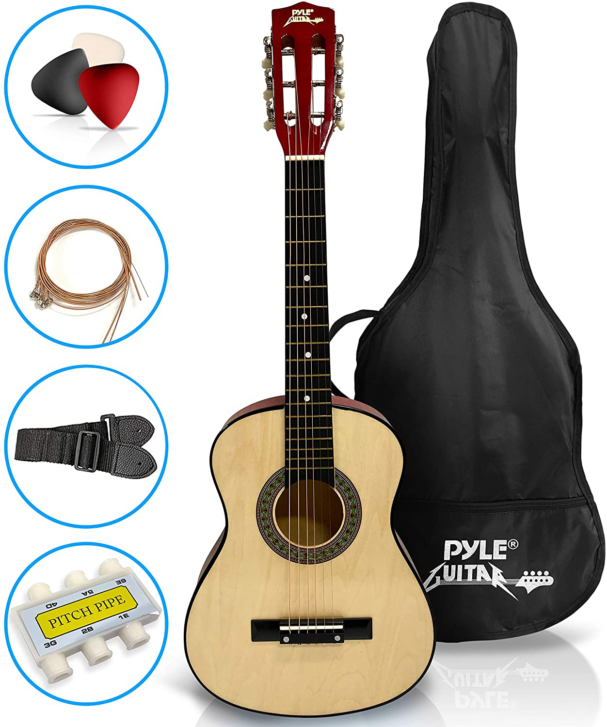 Beginner 30” Classical Acoustic Guitar - 6 String Linden Wood Traditional Style Guitar W/ Wood Fretboard, Case Bag, Nylon Strap, Tuner, 3 Picks - Great for Beginner, Children Use - Pyle PGAKT30