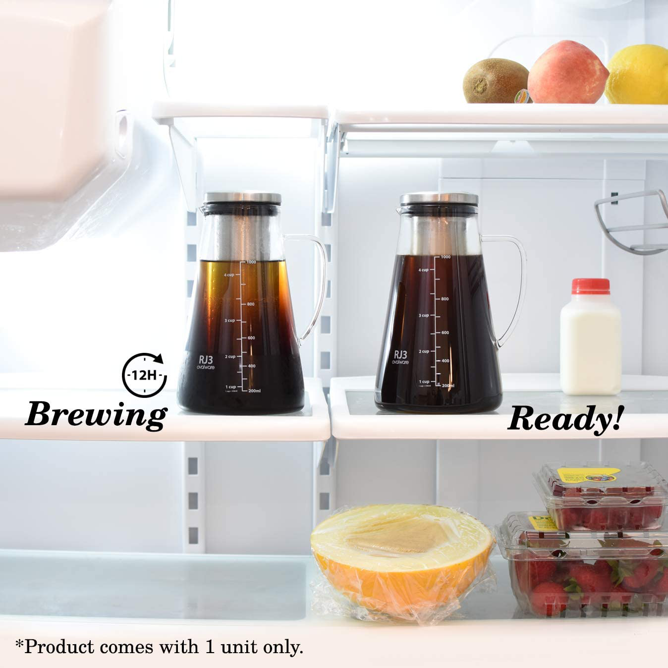 Airtight Cold Brew Iced Coffee Maker (& Iced Tea Maker) with Spout – 1.5L/ 51oz Ovalware RJ3 Brewing Glass Carafe with Removable Stainless Steel Filter