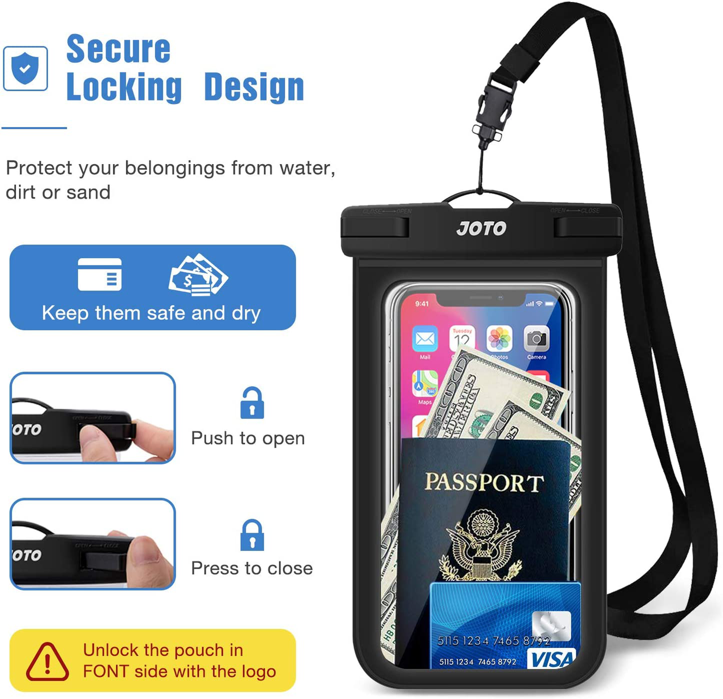 JOTO Universal Waterproof Pouch, IPX8 Waterproof Cellphone Dry Bag Underwater Case for iPhone 12 Pro Max 11 Pro Max Xs Max XR X 8 7 6S, Galaxy S20 Ultra S10 Note10 9 up to 7" -2 Pack