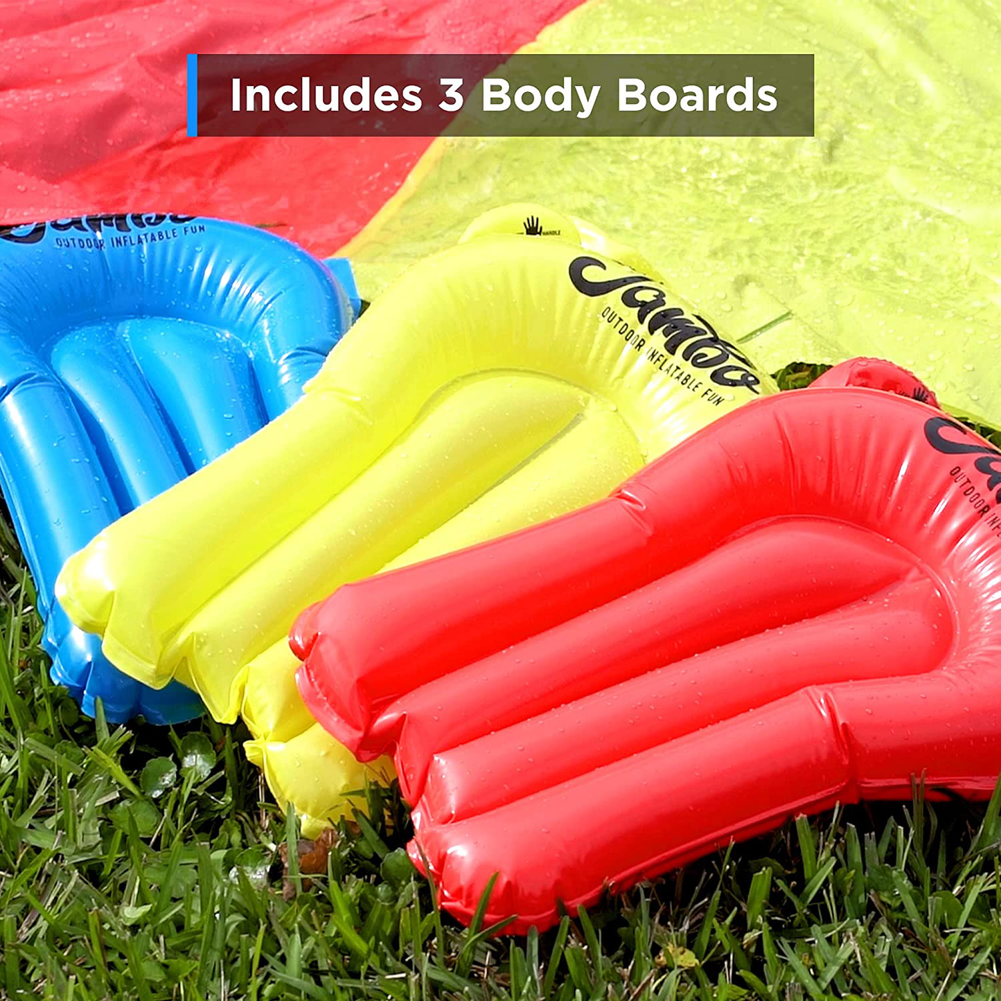 Jambo 20' Extra Long Triple Lane Slip Splash and Slide- with 3 Body Boards