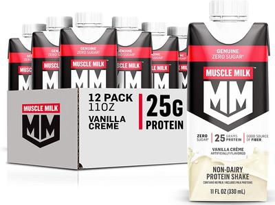 Muscle Milk Genuine Protein Shake, Vanilla Crème, 11 Fl Oz Carton, 12 Pack, 25G Protein, Zero Sugar, Calcium, Vitamins A, C & D, 5G Fiber, Energizing Snack, Workout Recovery, Packaging May Vary