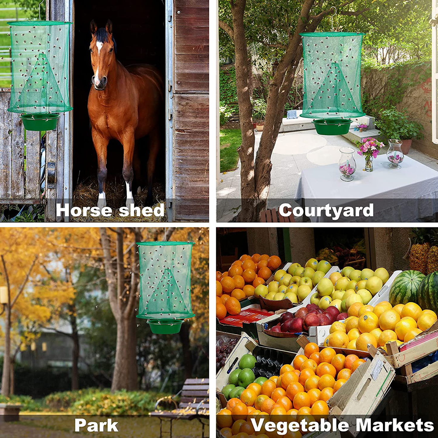 Ranch Fly Trap - Reusable Fruit Fly Trap with Bait Tray, Upgraded Flay Catcher Cage Effective Flay Bag for Indoor Outdoor Hanging Family Farms,Horse Stable,Garden,Orchard,Park,Restaurants(4 Pack