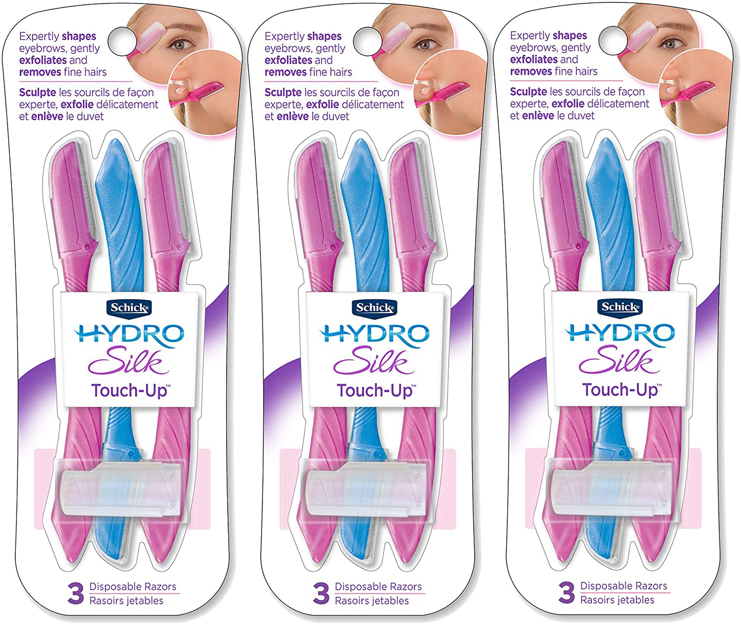 Schick Hydro Silk Touch-Up Multipurpose Exfoliating Dermaplaning Tool, Eyebrow Razor, and Facial Razor with Precision Cover, 3 Count (Packaging May Vary)
