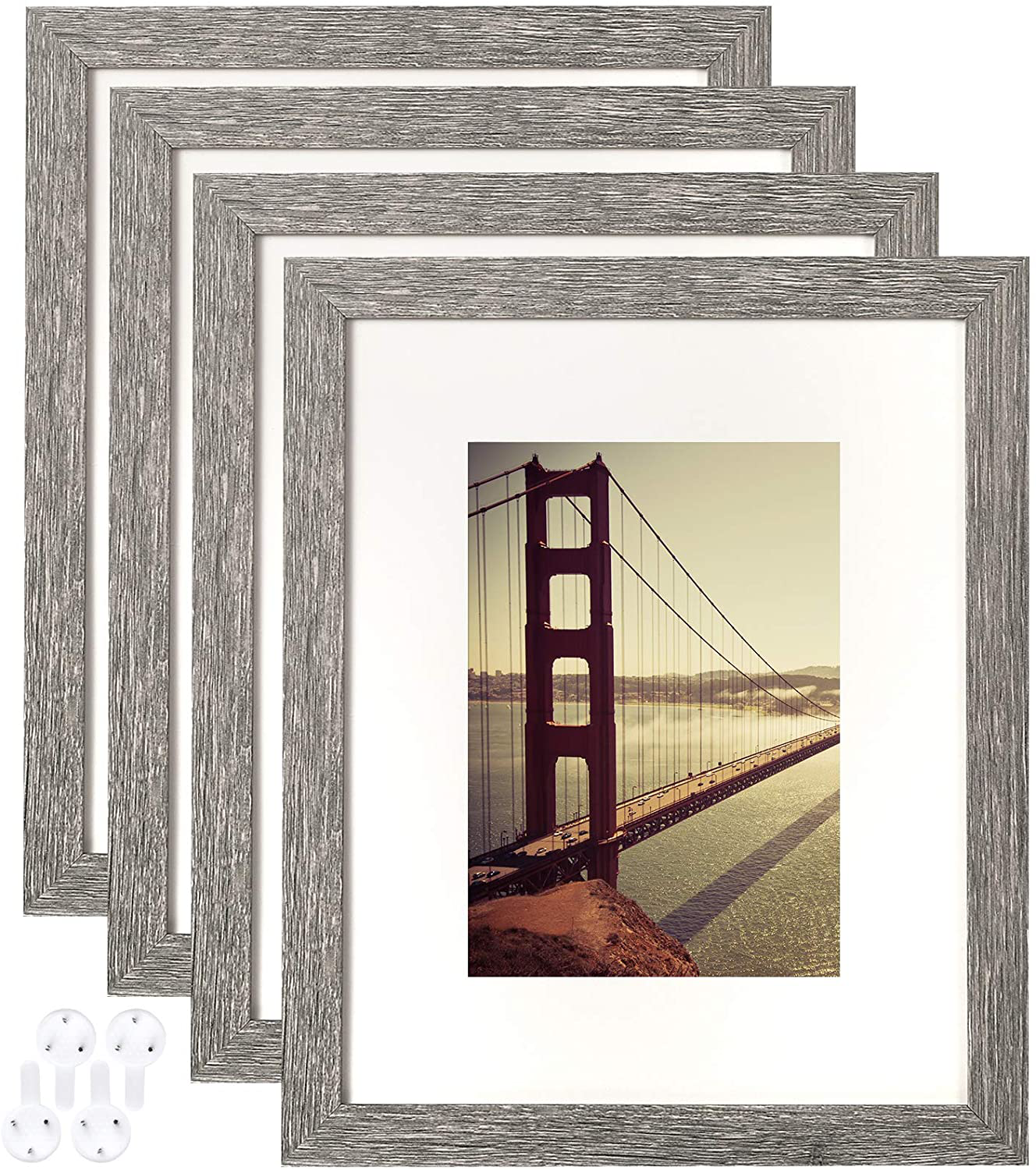 BAIJIALI 8x10 Picture Frame Rustic Grey Wood Pattern Set of 4 with Tempered Glass,Display Pictures 5x7 with Mat or 8x10 Without Mat, Horizontal and Vertical Formats for Wall and Table Mounting