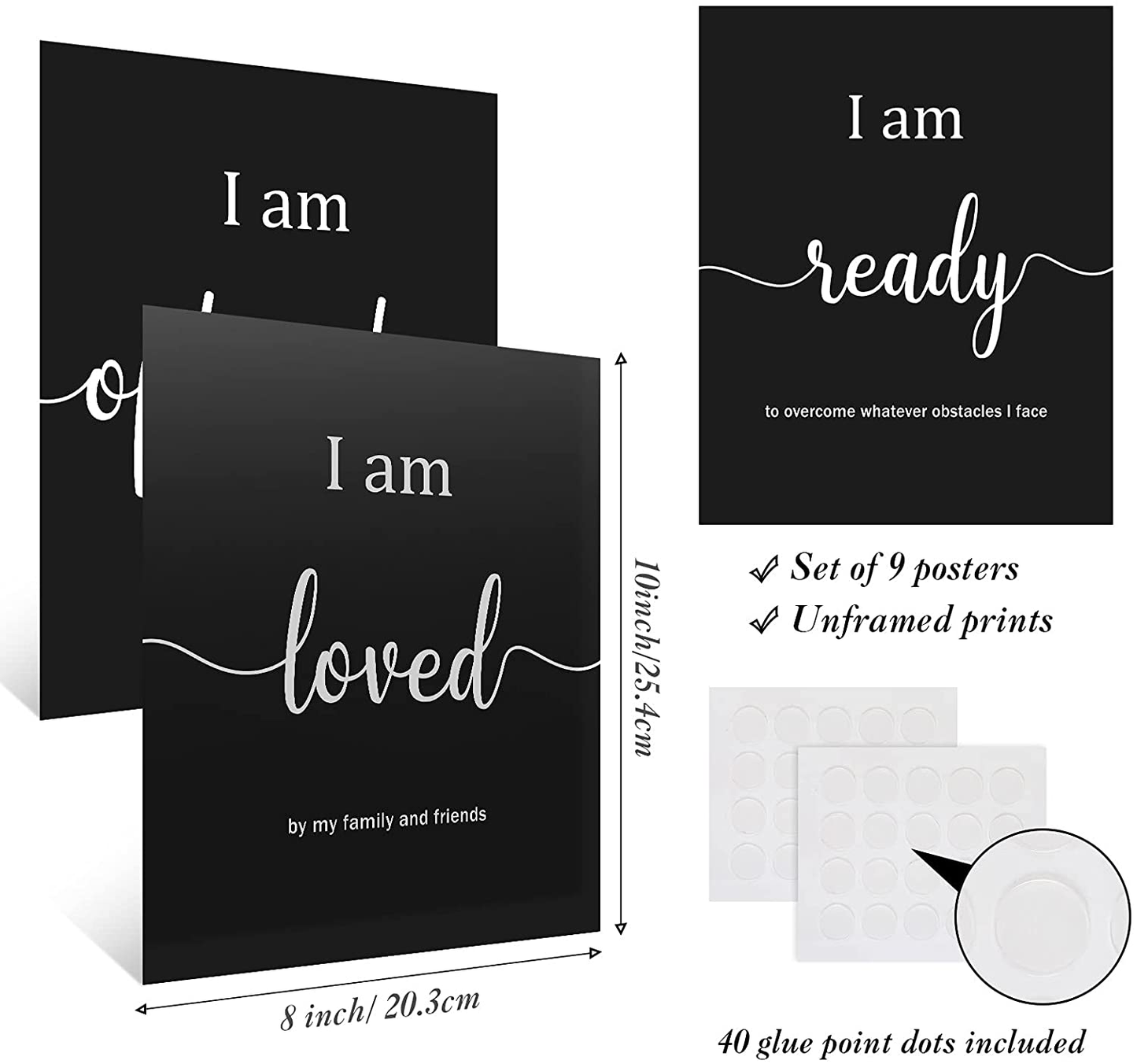 9 Pieces Inspirational Motivational Wall Art Office Bedroom Wall Art, Daily Positive Affirmations for Men Women Kids Inspirational Posters Inspirational Positive Quotes Sayings Wall Decor (White)