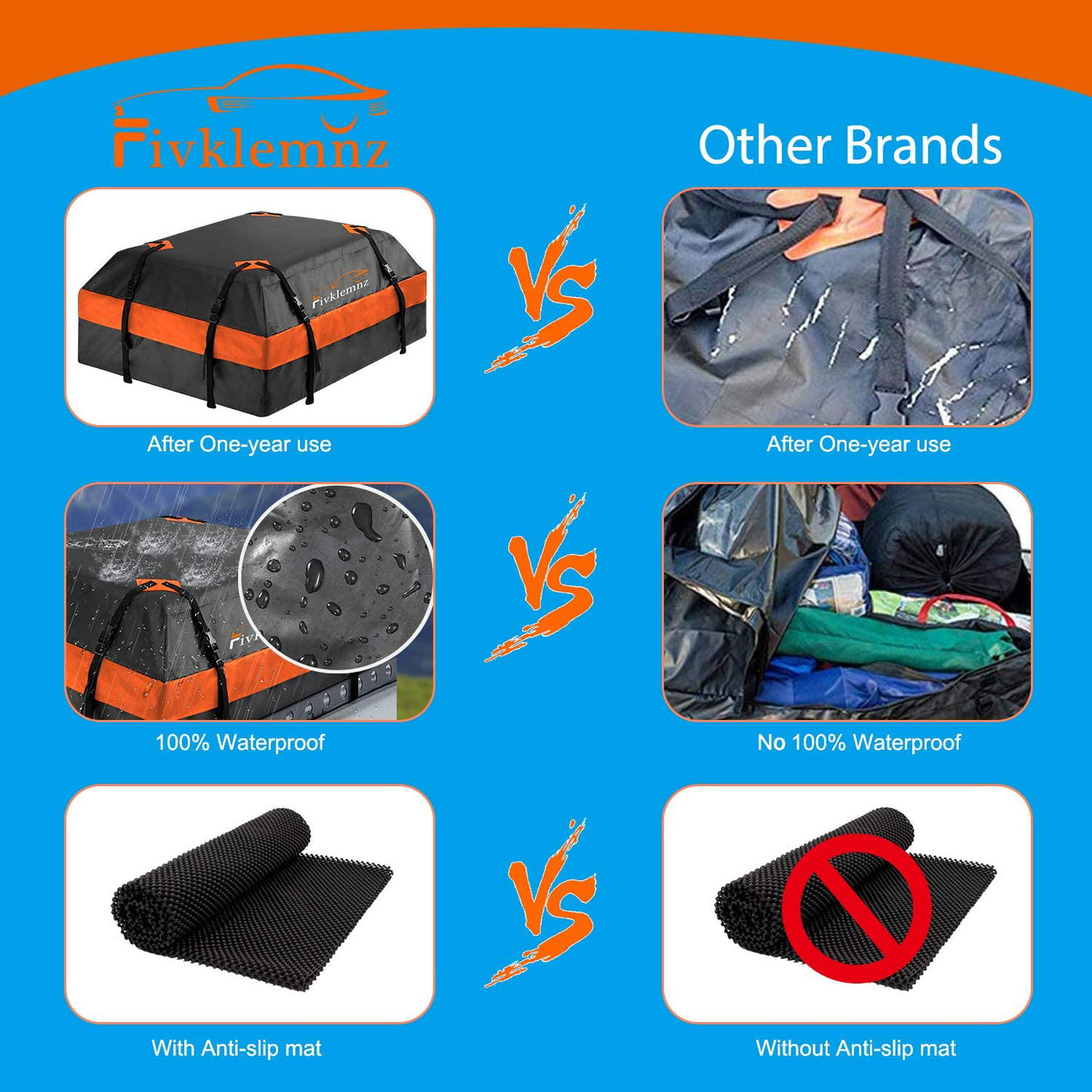 Fivklemnz Car Roof Bag Cargo Carrier, 15 Cubic Feet Waterproof Rooftop Cargo Carrier with Anti-Slip Mat + 8 Reinforced Straps + 4 Door Hooks Suitable for All Vehicle with/Without Rack