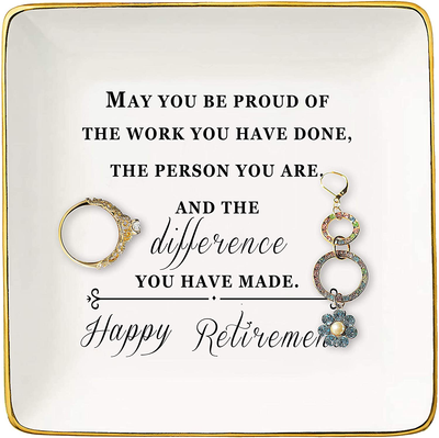 Happy Retirement Gifts for Women – Ceramic Jewelry Holder Ring Dish Trinket Tray – Retirement Appreciation Gift -Gift for Mom Boss Co-workers, Teachers,Nurse,Friends,Wife,Sister