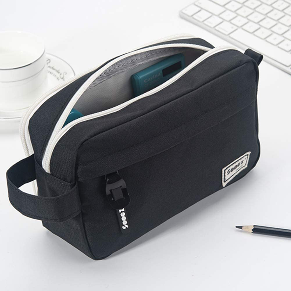 Sooez High Capacity Pen Case Black, Durable Pencil Bag Stationery Pouch Zipper, Portable Journaling Supplies with Easy Grip Handle & Loop