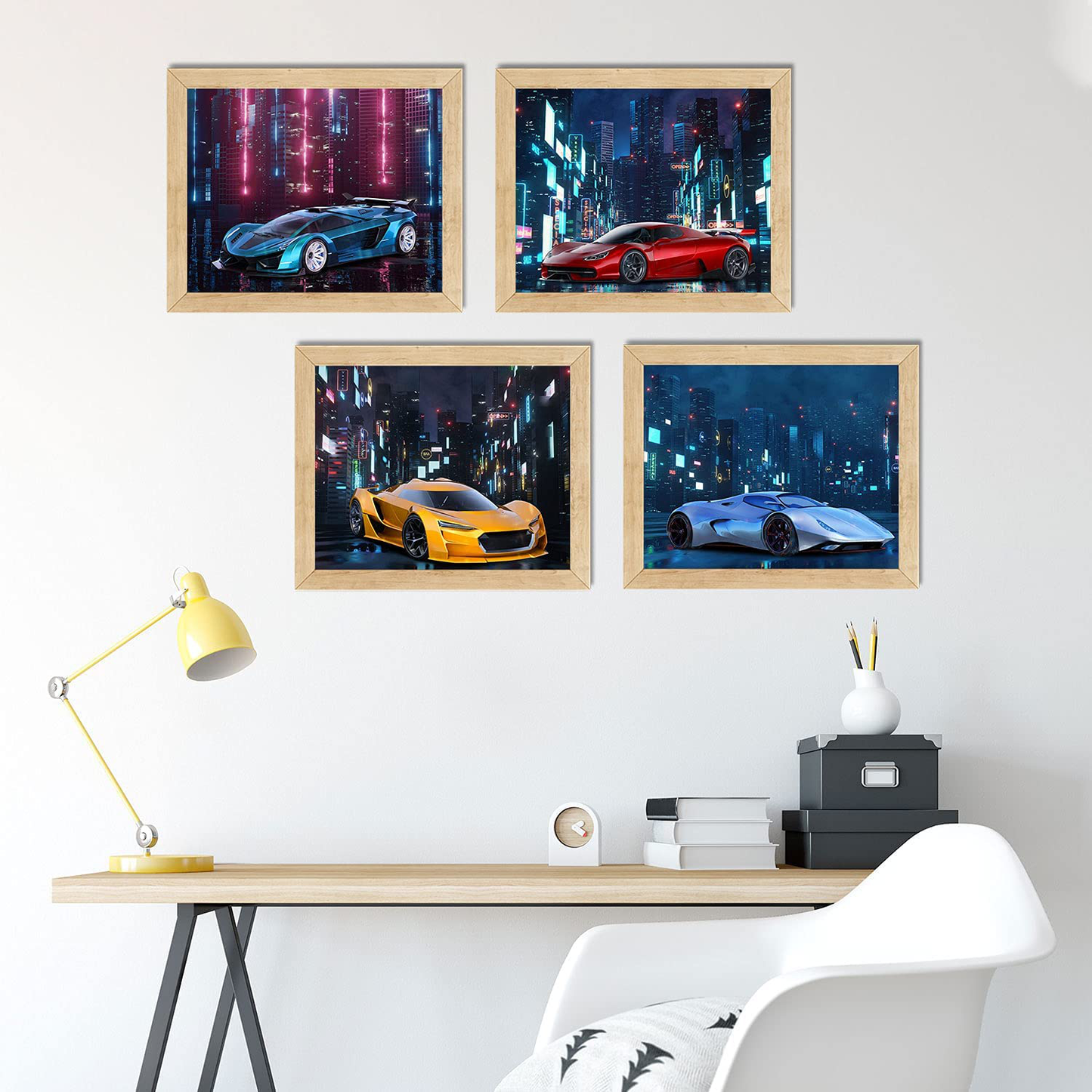 Car Wall Art, Car Poster, Car Posters for Boys Room - Set of 4 (10"x8") Car Wall Decor, Car Decor for Boys Room, Kids Room Decor For Boys - UNFRAMED Boys Room Wall Decor - Cyber City Theme